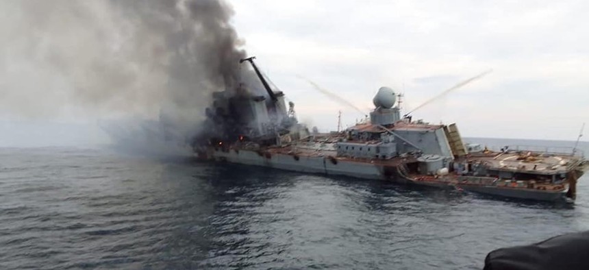 A view of the Russian warship Moskva just before it sank April 15, 2022.