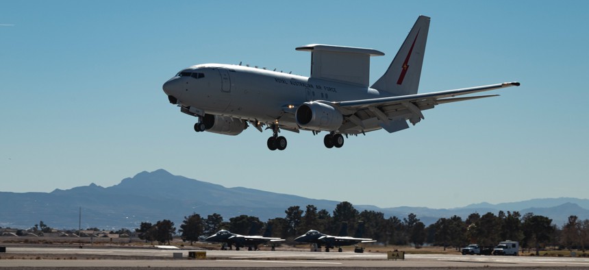 An E-7A Wedgetail assigned to RAAF Base, Williamtown, Australia, lands at Nellis Air Force Base, Nevada, Jan. 20, 2022, for Red Flag 22-1.