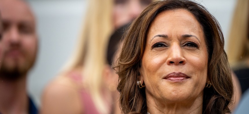 Vice President Kamala Harris attends an NCAA championship team's celebration at the White House on July 22, 2024. 