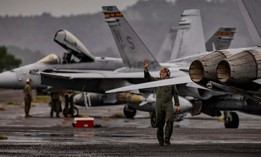 U.S. Marines prepare F/A-18 Hornet fighter jets as they take part in the bi-annual Marine Aviation Support Activity (MASA) 23 at the airport of a former U.S. naval base on July 13, 2023, in Subic Bay, Philippines.