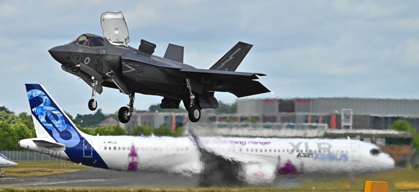 A Royal Air Force F-35B Lightning II performs at the Farnborough International Airshow 2024 on July 22, 2024, in Farnborough, England.