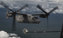 A U.S. Air Force CV-22B Osprey tiltrotor aircraft, assigned to the 81st Expeditionary Rescue Squadron, conducts tactical air refueling from a U.S. Marine Corps KC-130J Hercules over Eastern Africa, Nov. 1, 2023. 