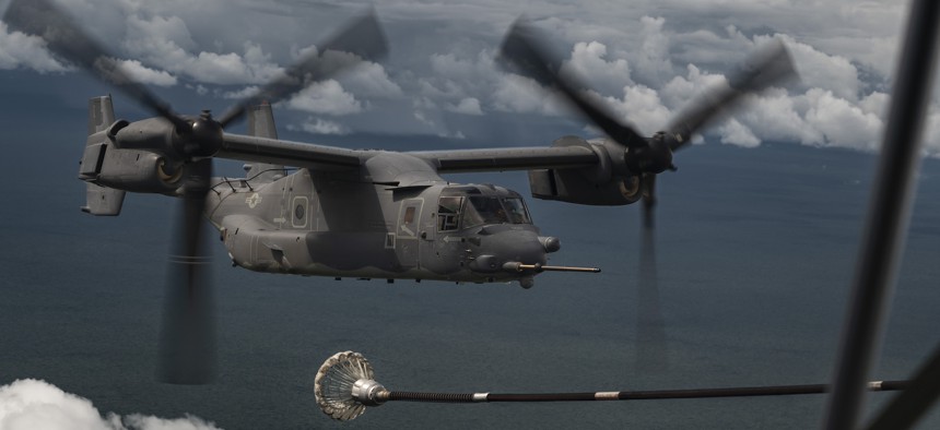 A U.S. Air Force CV-22B Osprey tiltrotor aircraft, assigned to the 81st Expeditionary Rescue Squadron, conducts tactical air refueling from a U.S. Marine Corps KC-130J Hercules over Eastern Africa, Nov. 1, 2023. 