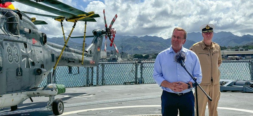 German Defense Minister Boris Pistorius speaks Wednesday on the deck of the German frigate FGS Baden-Württemberg in Pearl Harbor, Hawaii.