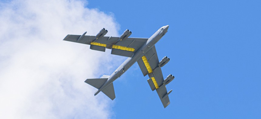 A B-52 Stratofortress flies over Andersen Air Force Base, Guam, during a Bomber Task Force deployment, Oct. 20, 2023.