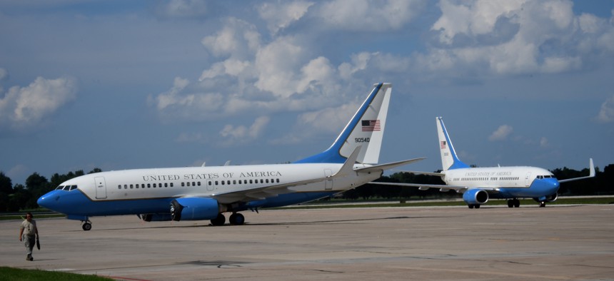 Two C-40C aircraft operated by the Air Force Reserve's 932nd Airlift Wing taxi at Scott Air Force Base, Illinois on July 6, 2018.