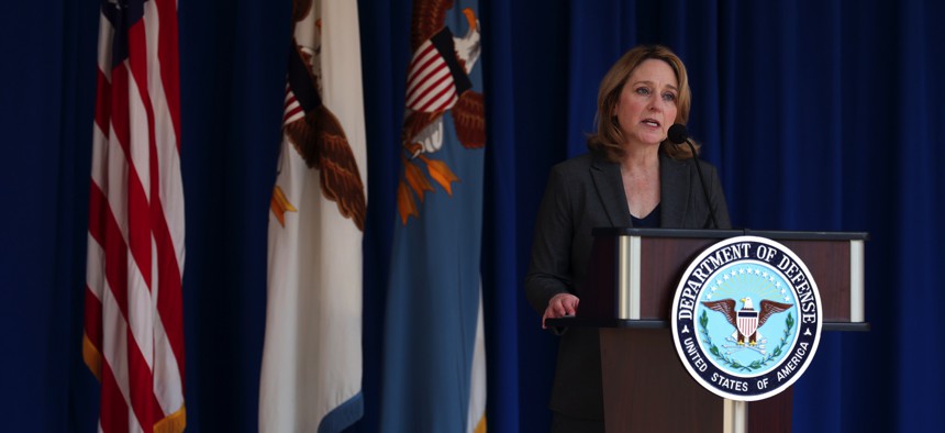 Deputy Defense Secretary Kathleen Hicks speaks at the Pentagon courtyard in September 2023.