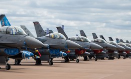 A row of F-16 Fighting Falcon fighter jets during the Royal International Air Tattoo 2024 on July 21, 2024 in Fairford, England.