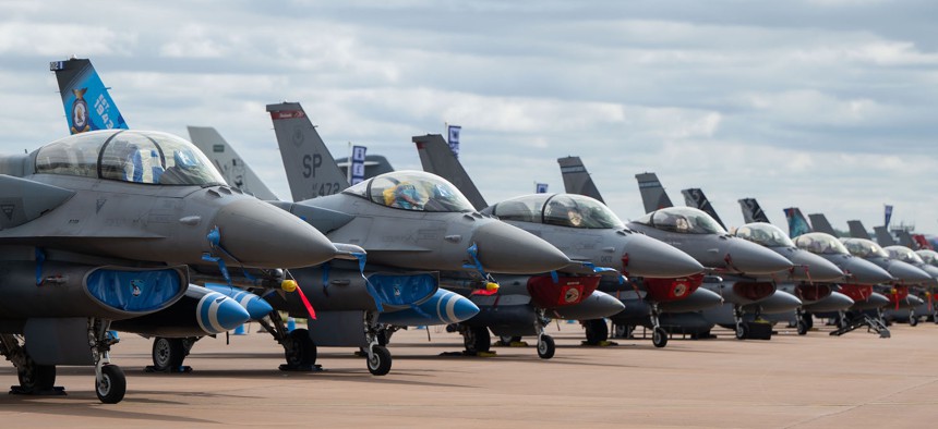 A row of F-16 Fighting Falcon fighter jets during the Royal International Air Tattoo 2024 on July 21, 2024 in Fairford, England.