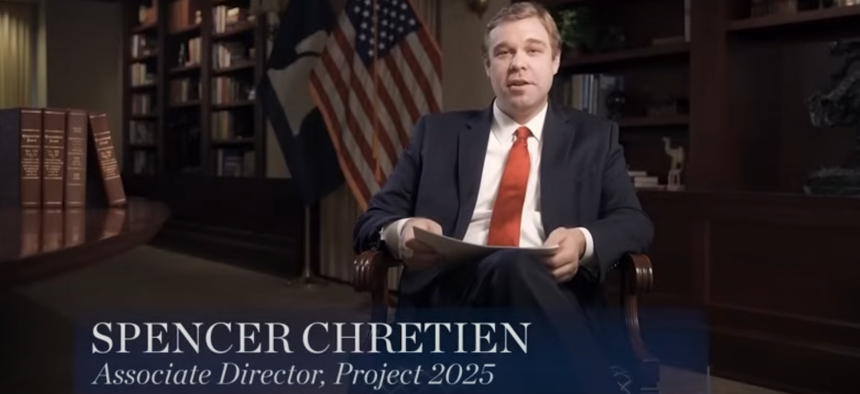 In one of the training videos obtained by ProPublica and Undocumented entitled “The Federal Workforce,” Spencer Chretien, associate director of Project 2025, repeatedly suggests that Republicans should expand the ranks of political appointments.