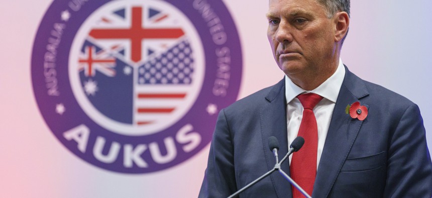 Australian Defence Minister Richard Marles speaks in November 2023 during a press conference on the tri-lateral AUKUS partnership in Derby, UK.