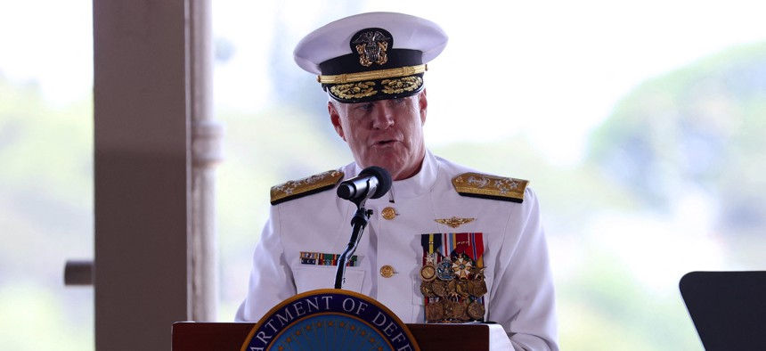 Adm. Samuel Paparo, commander of U.S. Indo-Pacific Command, speaks at Joint Base Pearl Harbor-Hickam in Honolulu, Hawaii, on May 3, 2024. 