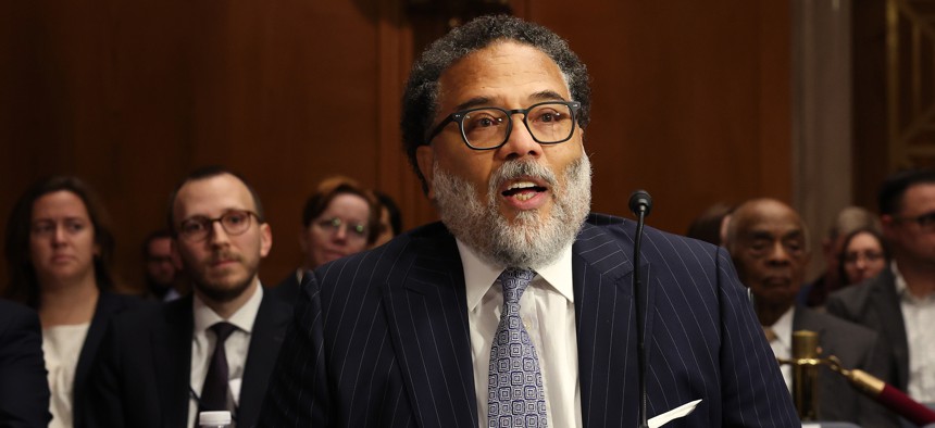 Harry Coker Jr. testifies during his confirmation hearing before the Senate Homeland Security and Governmental Affairs Committee.