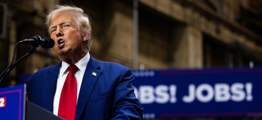 Republican presidential nominee and former president Donald Trump campaigns in York, Pa. on Monday. A joint statement from U.S. intelligence agencies blames Iran for an attempt to hack Trump campaign accounts.