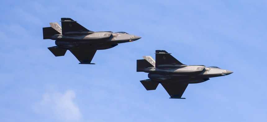 U.S. Air Force F-35 fighter jets fly over Warsaw, Poland, during Polish Armed Forces Day on August 15, 2024.