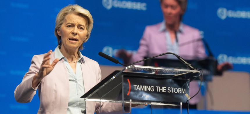 European Commission President Ursula von der Leyen speaks during the GLOBSEC regional security forum in Prague on August 30, 2024. 