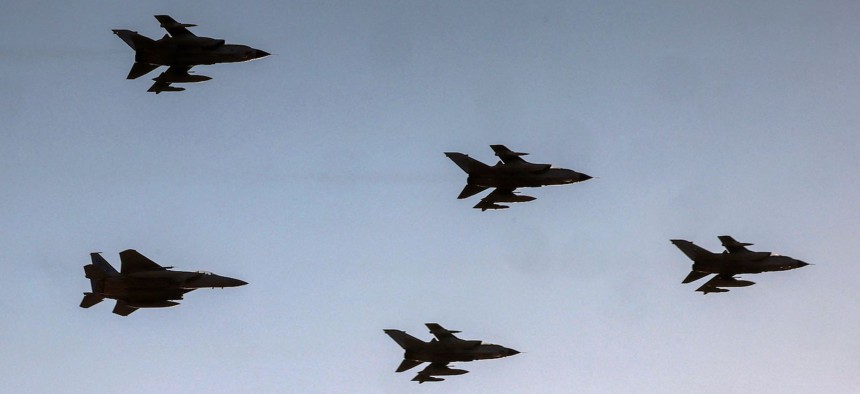 In this 2023 photo, Royal Saudi Air Force Panavia Tornado and F-15 Eagle fighter aircraft fly during an airshow marking Saudi Arabia's 93rd National Day celebrations in Riyadh.