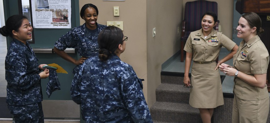 Lt. Krisandra Hardy, an Enlisted Women in Submarines (EWIS) ambassador and Lt. Marquette Leveque, an (EWIS) coordinator, speak to enlisted female Sailors at Naval Station NAVSTA Mayport during a 2016 EWIS Roadshow presentation.