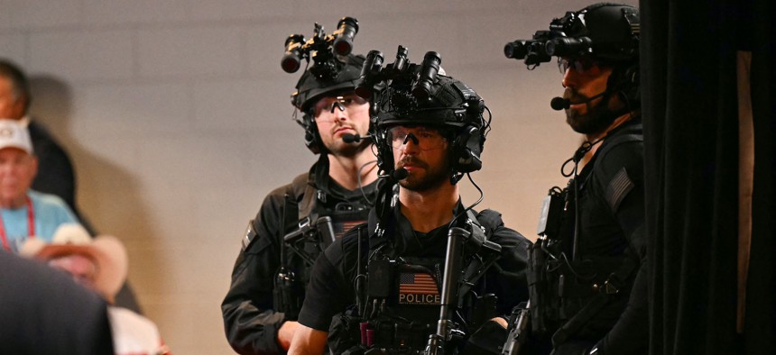 Secret Service police special teams stand by during the 2024 Republican National Convention at the Fiserv Forum in Milwaukee, Wisconsin, on July 17, 2024.