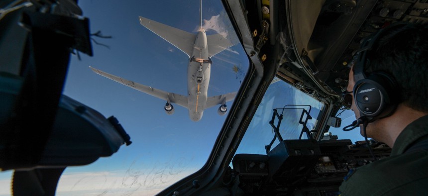 Capt. Wade Gallup, 7th Airlift Squadron pilot, approaches a KC-46 Pegasus during refueling training over central Wash., Jan. 30, 2019.