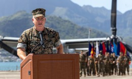 Lt. Gen. William Jurney gives his final remarks as commander of  U.S. Marine Corps Forces, Pacific, during the change of command ceremony on Marine Corps Base Hawaii, Sept. 12, 2024. 