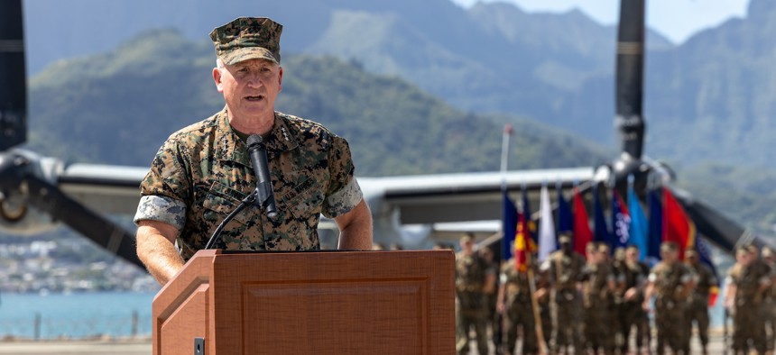 Lt. Gen. William Jurney gives his final remarks as commander of  U.S. Marine Corps Forces, Pacific, during the change of command ceremony on Marine Corps Base Hawaii, Sept. 12, 2024. 