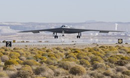 In a photo released on Sept. 18, 2024, a B-21 Raider conducts flight testing, which includes ground testing, taxiing, and flying operations, at Edwards Air Force Base, California. 