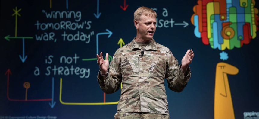 Brig. Gen. Luke Cropsey, Department of the Air Force Integrating Program Executive Officer for Command Control Communications and Battlefield Management (C3BM) speaks at the 9th Annual Life Cycle Industry Days (LCID) in Dayton, Ohio, July 30, 2024. 