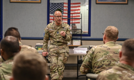 Chief Master Sergeant of the Space Force John Bentivegna has lunch with Guardians and Airmen during a tour of Vandenberg Space Force Base, Calif. July 31, 2024.