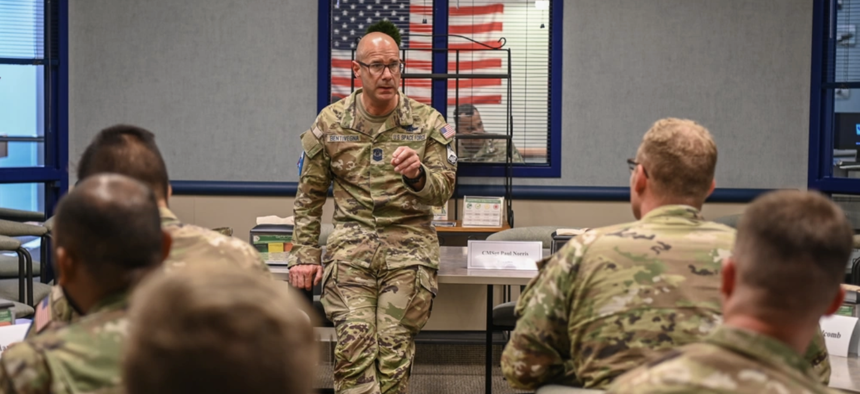 Chief Master Sergeant of the Space Force John Bentivegna has lunch with Guardians and Airmen during a tour of Vandenberg Space Force Base, Calif. July 31, 2024.