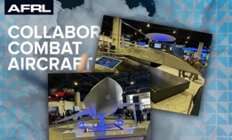 Mockups of collaborative combat aircraft from Anduril, top, and General Atomics were on display at the 2024 Air-Space-Cyber conference outside Washington, D.C.