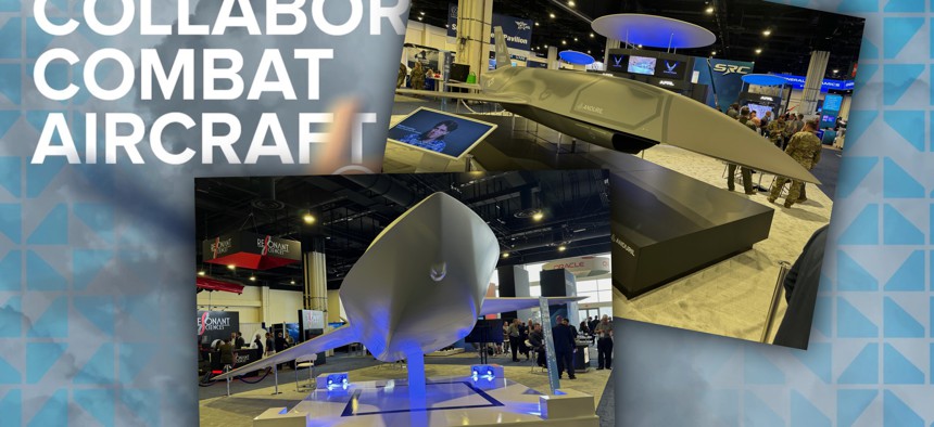 Mockups of collaborative combat aircraft from Anduril, top, and General Atomics were on display at the 2024 Air-Space-Cyber conference outside Washington, D.C.