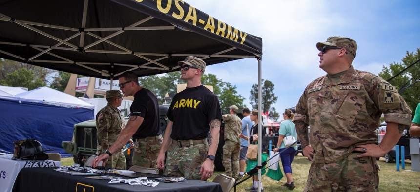 U.S. Army soldiers with the Witchita Recruiting Company hosted a recruitment booth at Hutchinson, Kansas, on Sept. 9, 2023.