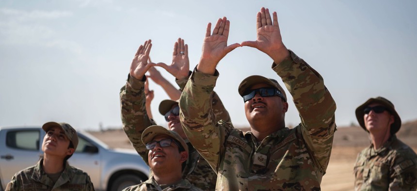 Members of the U.S. Air Force's 332d Expeditionary Security Forces Squadron train on counter-drone tactics at an undisclosed location in Southwest Asia on September 6, 2022.