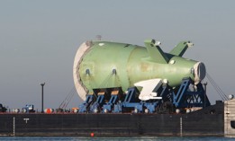 The stern section of the first Columbia-class ballistic missile submarine travels by barge from HII’s Newport News Shipbuilding division in Virginia to General Dynamics Electric Boat in Connecticut in January 2024.