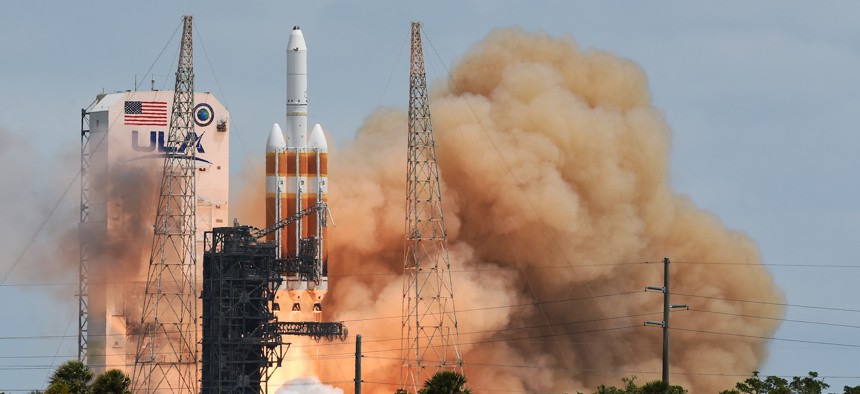 A United Launch Alliance Delta IV Heavy rocket launches from Cape Canaveral Space Force Station carrying a classified spy satellite for the National Reconnaissance Office in March 2024.