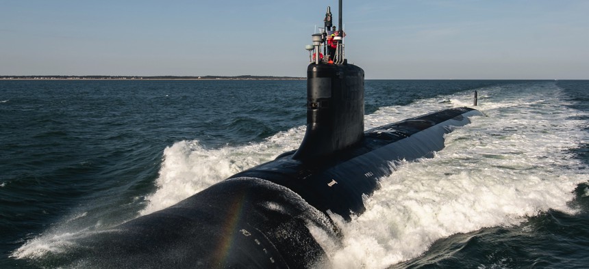 The future USS New Jersey, a Virginia-class attack submarine, during Alpha sea trials in 2024.