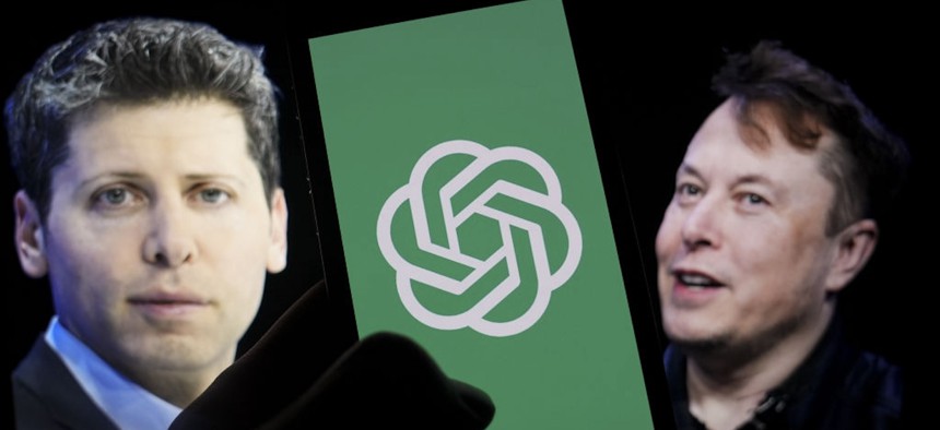 OpenAI's Sam Altman, right, his company's logo, and xAI's Elon Musk