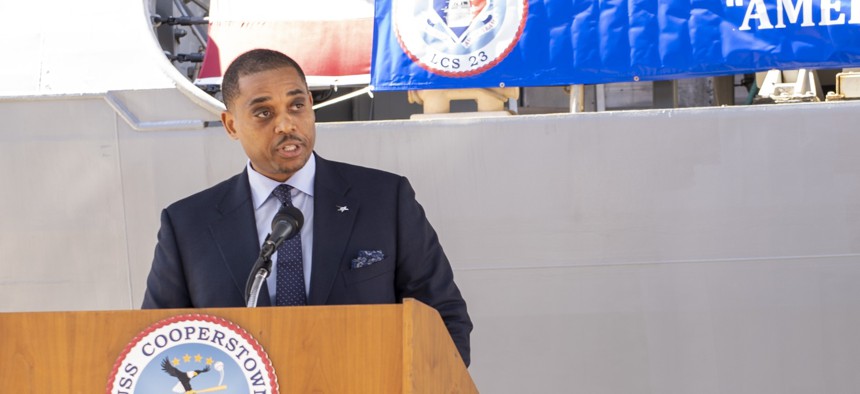 Chauncey McIntosh, who was then Lockheed Martin's vice president and general manager of Integrated Warfare Systems and Sensors, speaks at the May 6, 2023, commissioning ceremony of the littoral combat ship USS Cooperstown in New York City.