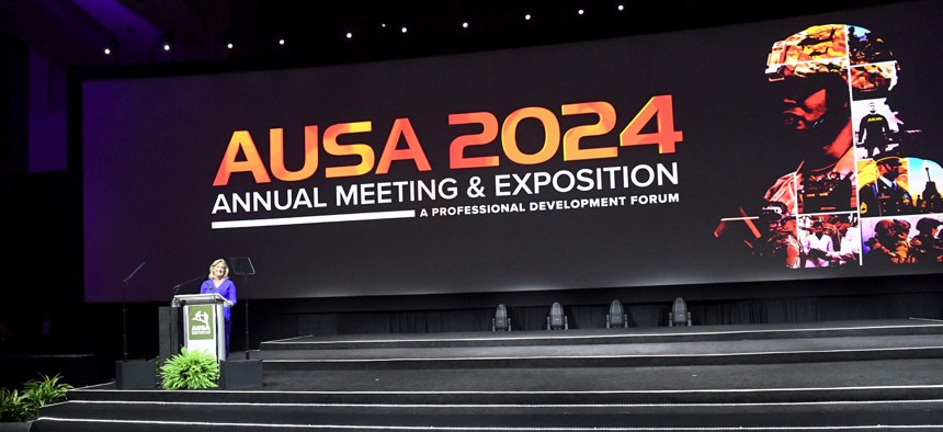 Army Secretary Christine Wormuth speaks as the annual meeting of the Association of the U.S. Army, or AUSA, opened on Monday in downtown Washington, D.C.