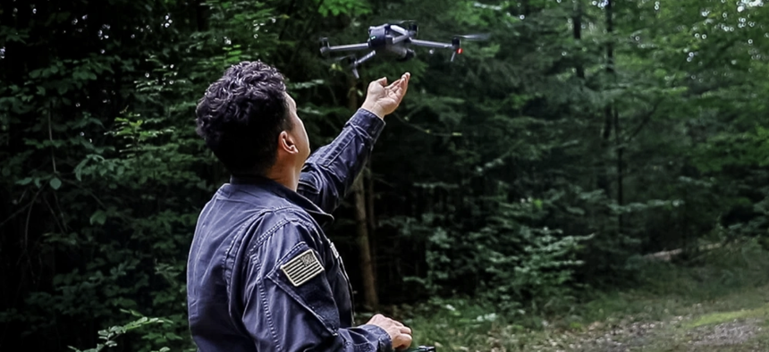 U.S. Army Staff Sgt. Eric Navarro Flores releases a drone to conduct counter-UAS training at Saber Junction at the Joint Multinational Readiness Center, Hohenfels, Germany, Sept. 6, 2024.