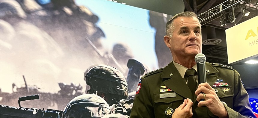 Gen. Charles Flynn, outgoing commander of U.S. Army Pacific, addresses AUSA in Washington, D.C. on October 15, 2024.