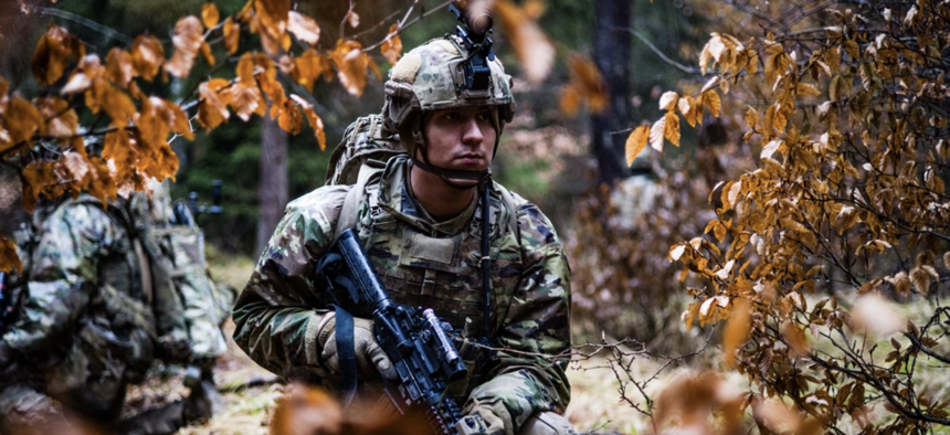 U.S. Army Spc. Christopher Condran, attached to 2nd Cavalry Regiment, secures the perimeter during a training exercise at Vilseck, Germany, Feb. 7, 2024.