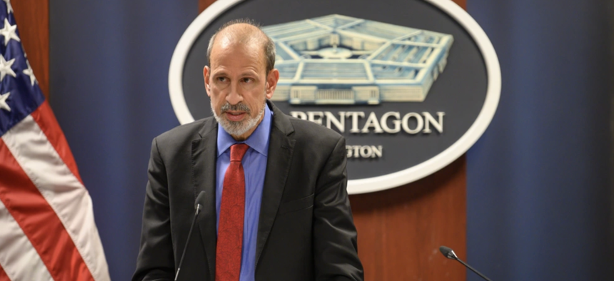 Under Secretary of Defense Comptroller Mike McCord speaks during a press conference presenting the 2021 Department of Defense's audit results at the Pentagon.