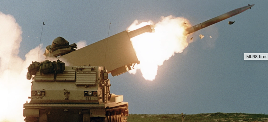 In this 2019 photo, MLRS fires a Guided Multiple Launch Rocket System rocket. 