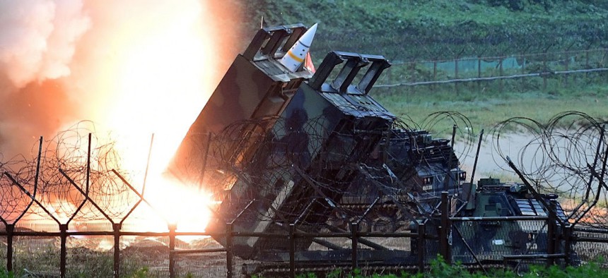 JULY 29: In this handout photo released by the South Korean Defense Ministry, U.S. Army Tactical Missile System (ATACMS) firing a missile into the East Sea