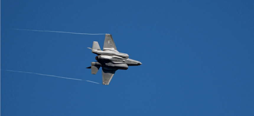 A U.S. Air Force F-35 Lightning from the 388th Fighter Wing banks a turn to participate in a training sortie mission at the Utah test and training range on September 20, 2024. 