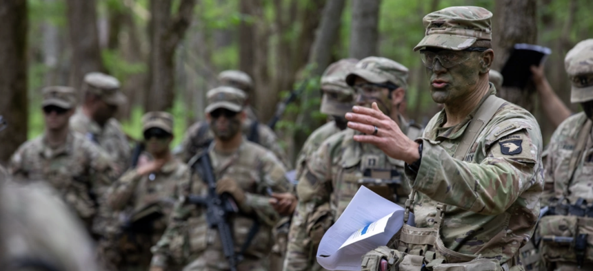 Col. James Stultz, brigade commander of 2nd Brigade Combat Team (Strike), 101st Airborne Division (Air Assault) briefs Strike key leaders during a combined arms rehearsal during an exercise at Fort Campbell, Ky., April 25, 2024.