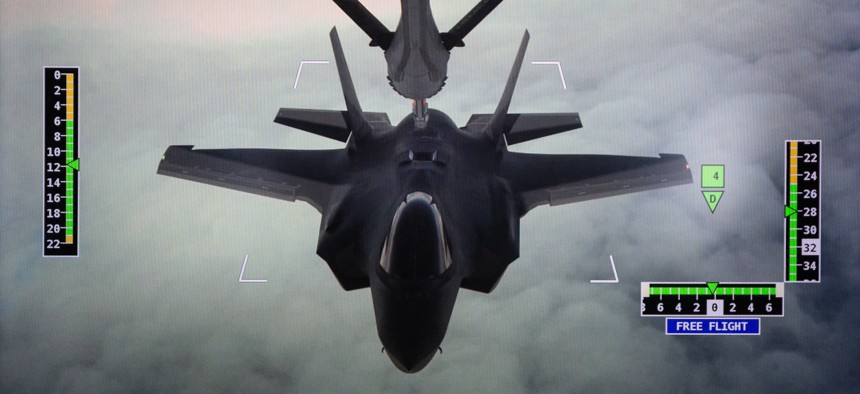 The control screen of a French Air Force Airbus A330 MRTT aerial tanker shows a U.S. F-35 taking on fuel over Greek territorial waters during the Ramstein Flag 2024 exercise on October 4, 2024.