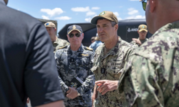 Vice Adm. Blake Converse, deputy commander of U.S. Pacific Fleet, tours an unmanned undersea vehicle static display during RIMPAC 2024 on July 18, 2024.